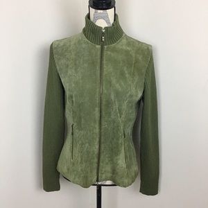 I.M.A Women’s Green Leather Full Zippered Turtleneck Jacket Sweater